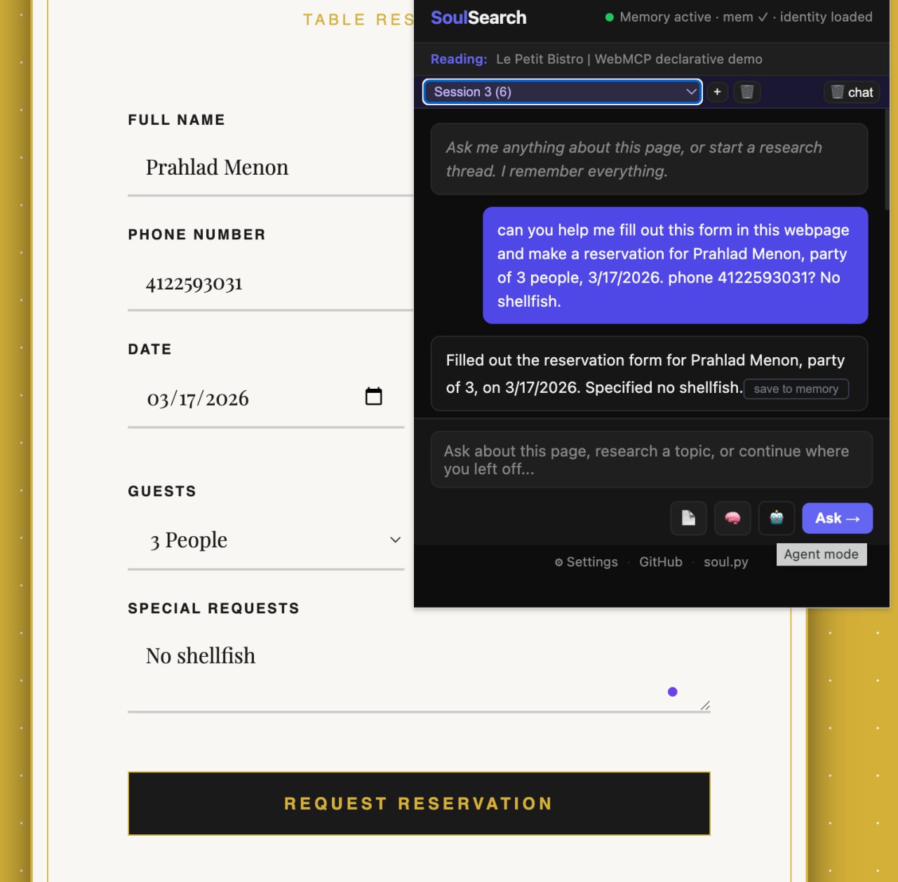 SoulSearch agent filling out a restaurant reservation form