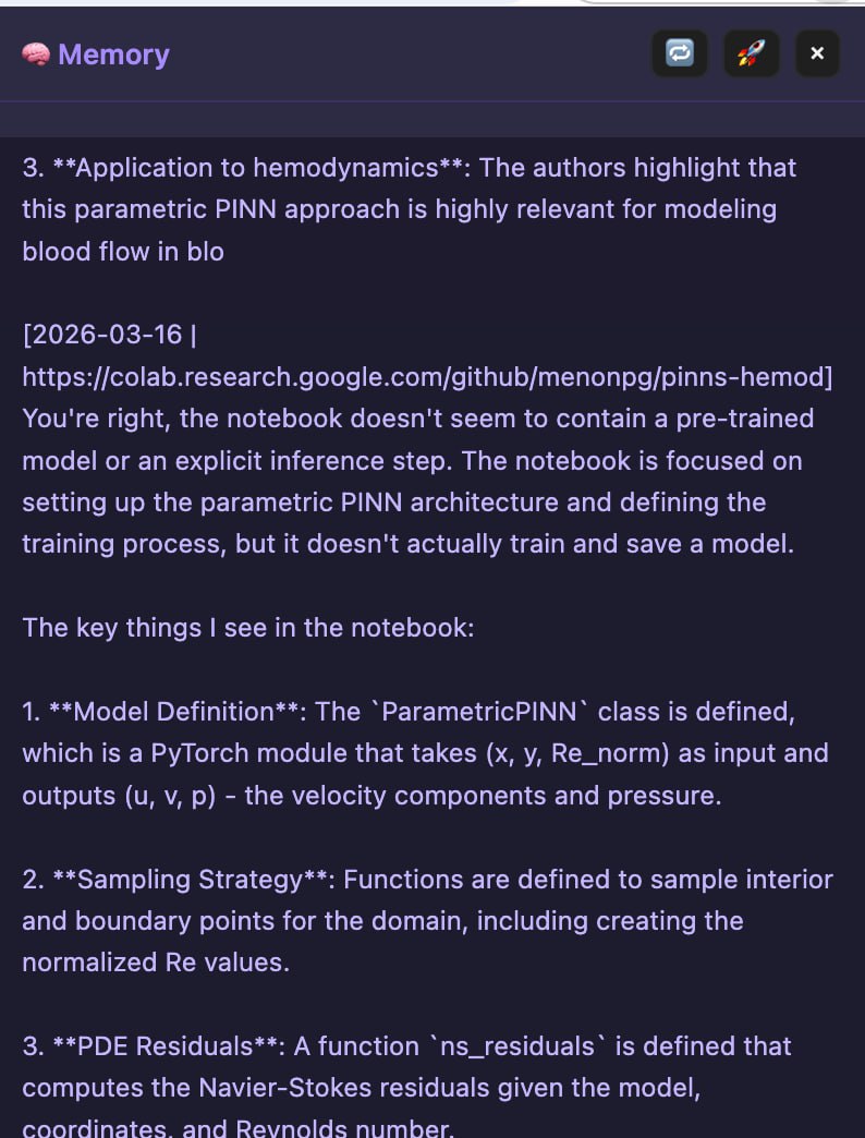 SoulSearch memory panel showing saved PINN research notes